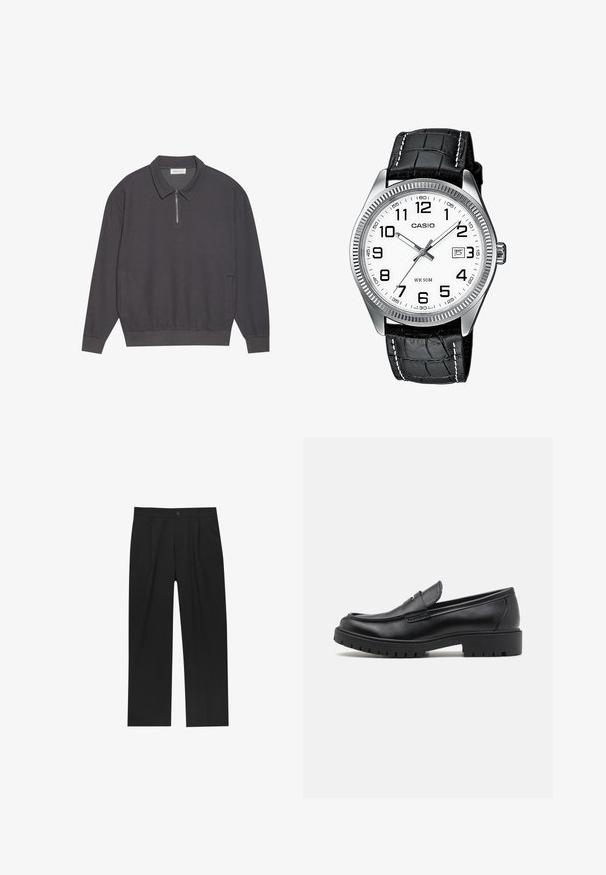 Tmavě šedý dlouhý rukáv polo tričko se zipovým límcem, žebrovanou strukturou, elastickými manžetami a bočními kapsami. Klasický a univerzální design.; Sada tří základních triček v černé, bílé a světle šedé barvě. Krátké rukávy, kulatý výstřih, vyrobena z hladké bavlněné tkaniny. Viditelné logo značky.; Černé kalhoty s rovnými nohavicemi, vyrobené z hladké tkaniny. Mají přední záhyby a jedno knoflíkové zapínání v pase.; Černé kožené mokasíny s kulatou špičkou, designem na nazouvání a silnou gumovou podešví s texturovaným gripem. Zvýšený podpatek a jemné švy.; Hodinky Casio s pouzdrem z nerezové oceli ve stříbrném odstínu, bílým ciferníkem, černým koženým páskem s krokodýlím vzorem, velkými černými číslicemi a zobrazením data.