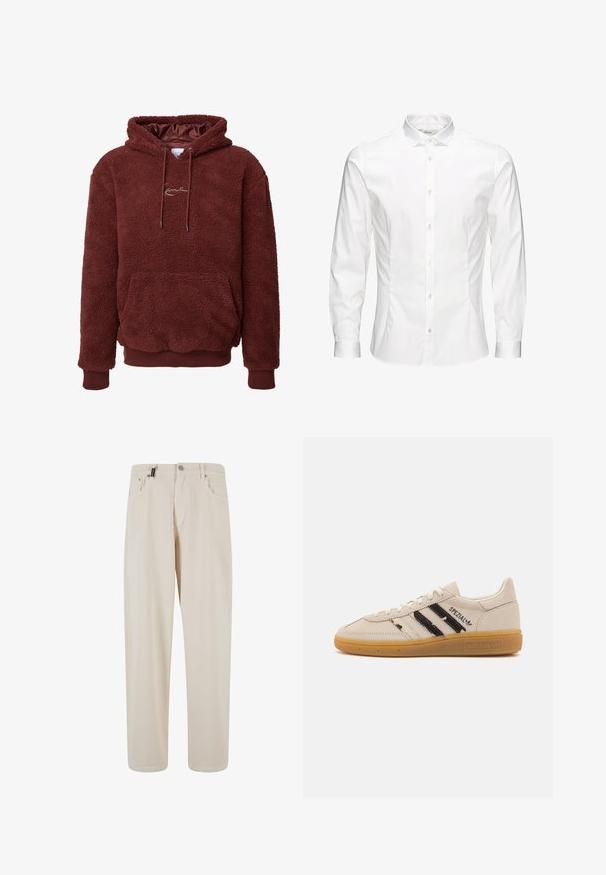 Hanorac din fleece maro cu o suprafață moale și texturată, cu glugă cu șnur, buzunar frontal și manșete și tiv din tricot. Dispune de un logo pe piept.; Camasa albă cu mâneci lungi, cu nasturi, confecționată dintr-un material neted. Dispune de un guler clasic, nasturi pe față și manșete cu un singur nasture. Design ajustat.; Pantaloni din bumbac bej cu un design drept, având buzunare frontale și închidere cu nasture. Textură netedă cu detalii minime.; Adidași din suede bej cu dungi negre și textul "Spezial", prezintă o talpă din cauciuc texturat de culoare caramel și un design clasic cu șireturi.