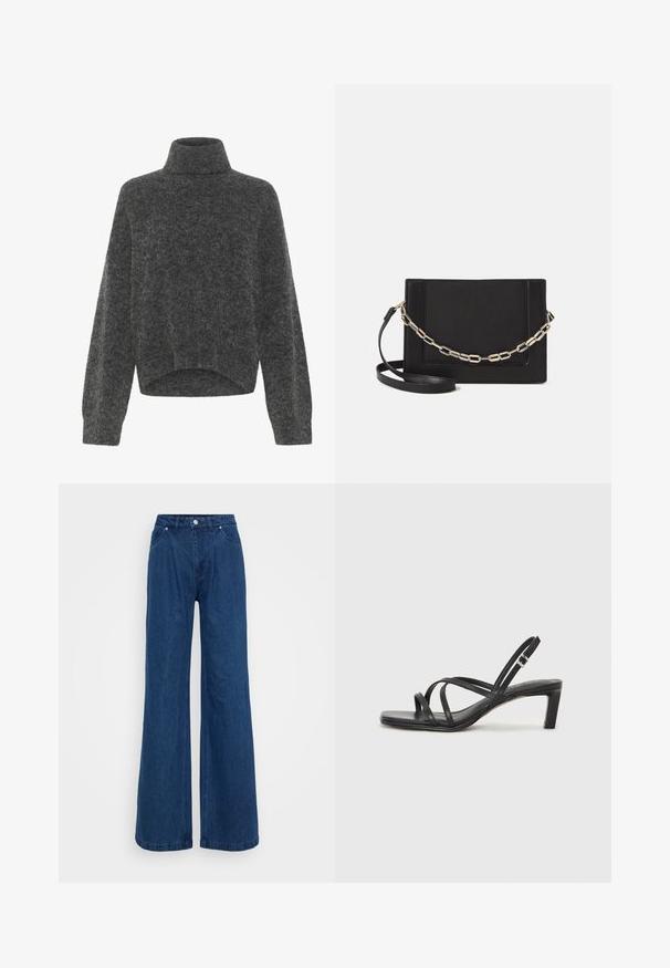 Donkergrijze, fuzzy turtleneck sweater met een relaxte pasvorm en doorhangende schouders. Zachte textuur en cropped zoomdetail. Geen zichtbare sluitingen.; Blauwe denim jeans met wijde pijpen en een hoge taille, voorzien van een knoop- en ritssluiting aan de voorkant, en voor- en achterzakken op een effen achtergrond.; Zwarte sandaal met bandjes, vierkante teen en een lage blokhak. Voorzien van meerdere dunne bandjes en een verstelbare enkelband. Gemaakt van zacht leer.; Zwarte leren schoudertas met een gladde textuur, rechthoekige vorm en een metallic kettingdetail aan de voorkant. Verstelbare schouderband inbegrepen.