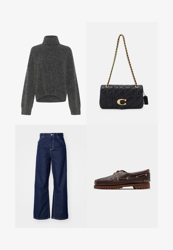 Donkergrijze, fuzzy turtleneck sweater met een relaxte pasvorm en doorhangende schouders. Zachte textuur en cropped zoomdetail. Geen zichtbare sluitingen.; Wijd-uitlopende jeans in donkerblauwe denim, met een hoge taille, contrasterende witte stiksels en een traditionele vijf-pocket ontwerp.; Bruine leren bootsschoen met gouden oogjes, ronde veters en een gestructureerde bruine rubberen zool. Kenmerkt zich door gestikte details en een verhoogd logo.; Zwarte, gequiltte handtas met een gouden kettingband, uitgerust met een onderscheidende gouden sluiting en een klein label, die een gestructureerde leren oppervlakte toont.