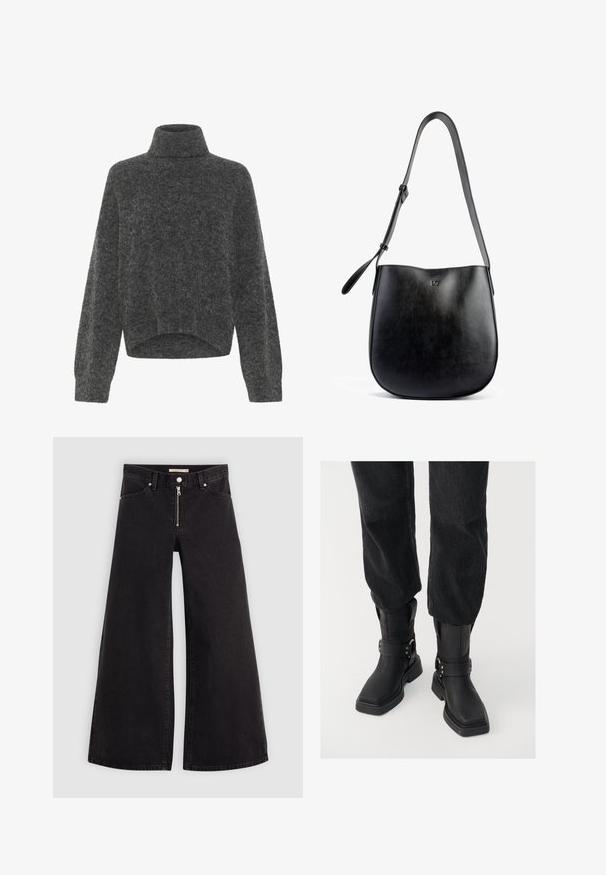 Tumehall pehmea turtleneck kampsun, millel on mugav lõige ja langetatud õlad. Pehme tekstuur ja lühendatud hem. Nähtavaid kinnitusi pole.; Laiad teksad mustast denimist, millel on lukuga eesmine osa, viie taskuga disain ja peened õmblusdetailid. Sile tekstuur ja juhuslik stiil.; Mustas nahast pahkluu saapad ruudukujulise varbaga, laia rihma ja metallist luku detailiga. Saapad on tummise tallaga ja siledast tekstuurist.; Mustmust kott, millel on sile tekstuur, kõver kuju, reguleeritav rihm ja ees peenelt informeeritud logo.