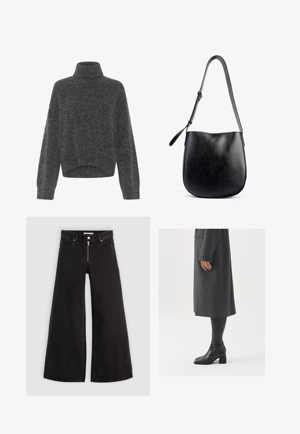 Maglione dolce di colore grigio scuro, con collo a imbuto morbido e vestibilità rilassata, spalle scese. Texture morbida e orlo corto. Senza chiusure visibili.; Jeans a gamba larga in denim nero con chiusura a zip, design a cinque tasche e dettagli di cucitura sottili. Texture morbida e stile casual.; Cappotto grigio su misura con taglio dritto; abbinato a stivali in pelle nera al ginocchio con punta quadrata e tacco grosso.; Borsa a spalla in pelle nera con una texture liscia, forma curva, tracolla regolabile e un logo impresso in modo discreto sul davanti.
