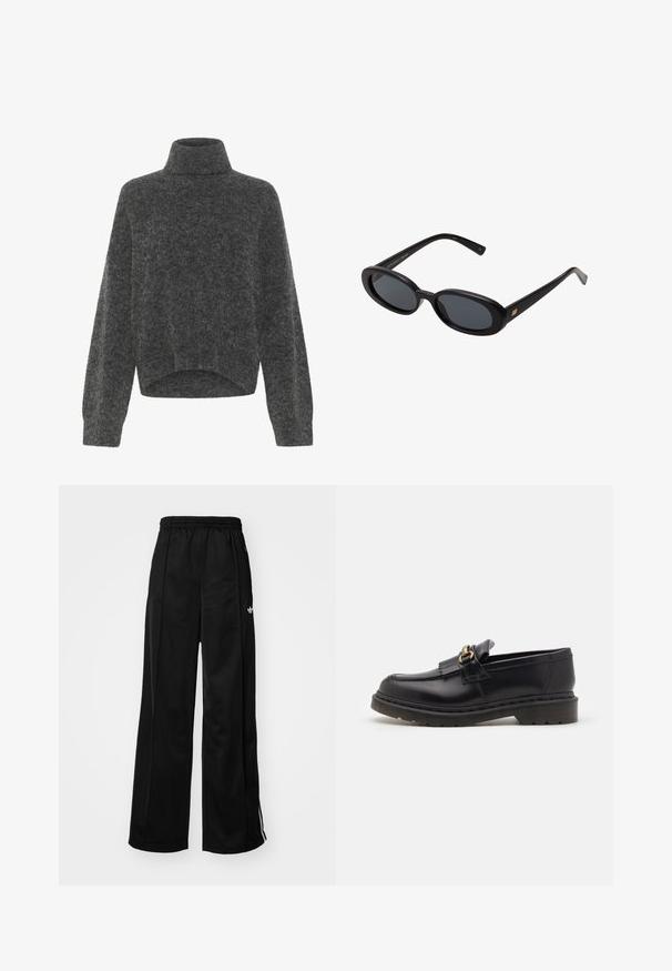 Dark gray, fuzzy turtleneck sweater with a relaxed fit and dropped shoulders. Soft texture and cropped hem detail. No visible fastenings.; Black wide-leg track pants with an elastic waistband, featuring white side stripes and a small logo on the left hip. Smooth fabric texture.; Black leather loafers with a rounded toe, decorative fringe, and gold hardware accent. Thick rubber sole for added traction and durability.; Black oversized sunglasses with oval lenses, smooth plastic frame, and gold accents on temple. Dark lenses provide sun protection.; Brown suede handbag with a structured triangle shape, a top handle, and a flap closure. Features subtle logo detail on the side.