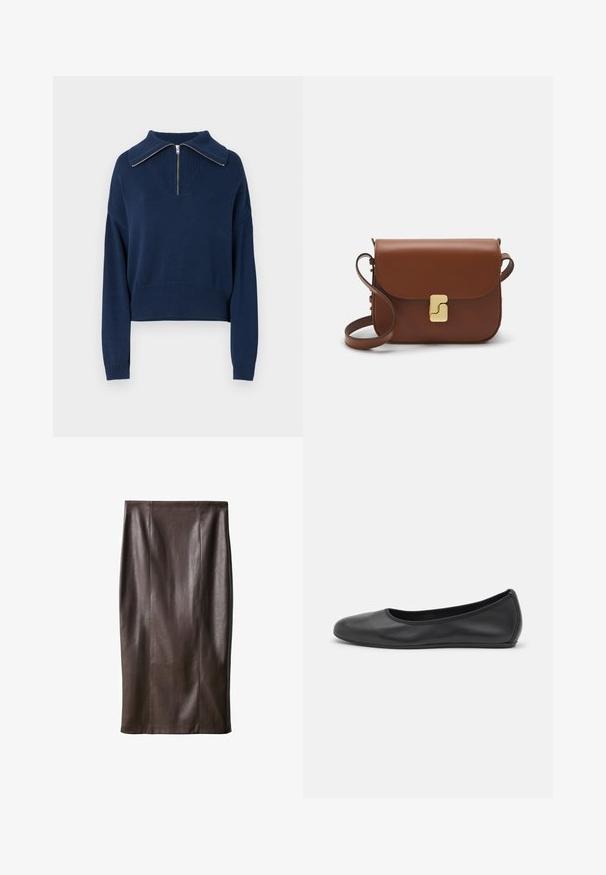 Marineblauer gestrickter Pullover mit Reißverschluss am Hals und breitem Kragen, ausgestattet mit einem strukturierten Muster sowie geripptem Saum und Ärmelbündchen.; Brauner Leder-Bleistiftrock mit glatter Textur, knielang, mit vertikalen Nähten zur Gestaltung. Keine zusätzlichen Beschläge oder Akzente.; Schwarze Leder-Ballettschuhe mit abgerundeter Spitze, glatter Textur, minimalen Nähdetails und einem flexiblen Sohlen-Design.; Braune Ledertasche mit Klappenverschluss, Beschlägen in Goldfarbe, einem Schultergurt und einer glatten Oberfläche. Kompakte rechteckige Form.