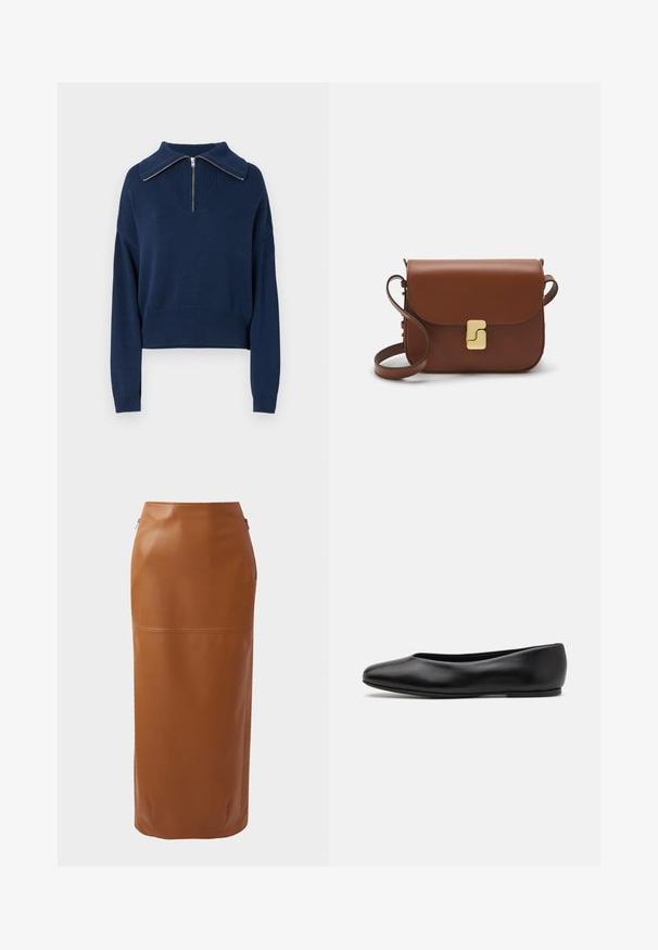 Temno modra pletena pulover z zadrgo na vratu in širokim ovratnikom, ki ima teksturiran vzorec ter rebrast rob in manšete.; Rjava usnjena midi krila s prilagojeno silhueto, stranskimi zadrgami in gladko teksturo. Ima horizontalno šivno podrobnost v bližini roba.; Paul Smith TOPANGA - Balerinke - black; Rjava usnjena torbica s poklopcem, zlato obarvani okovi, naramnica in gladka tekstura. Kompaktna pravokotna oblika.