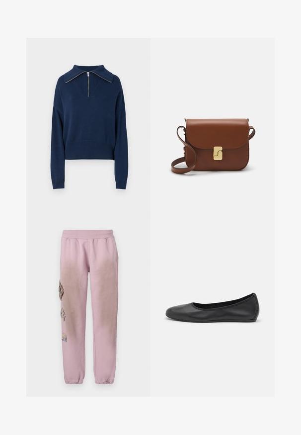 Tumesinine kudumine pullover, millel on lukk kaela juures ja lai krae, sisaldades tekstuurset mustrit ning soonikuid alläärtes ja varrukates.; Roosa spordipüksid elastse paelaga vööl, millel on vasakul küljel dekoratiivsed rombikujulised plaastrid ja elastsed mansetid pahkluude juures.; Musthave mustika tantsutossud mustast nahast, ümmarguse varbaga, siledast tekstuurist, minimaalse õmblusdetailiga ja paindliku tallakujundusega.; Pruunist nahast käekott, millel on klapiga sulgur, kuldne riistvara, õlarihm ja sile tekstuur. Kompaktne ristkülikukujuline vorm.