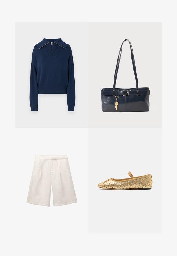 Tummansininen neulottu poolo, jossa on vetoketjulla varustettu kaula-aukko ja leveä kaulus. Paidassa on teksturoitu kuvio ja ribbaus helman sekä hihansuiden ympäri.; Vaaleanbeige pellavashortsit, joissa on leveä lahje, etupuolella laskokset ja sileä vyötärö. Kangas on hieman tekstuurinen.; Loeffler Randall LEONIE SOFT BALLET FLAT - Ballerinat nilkkaremmillä - gold; La handbagin sininen nahka, jossa on kaksi pitkää kahvaa, Buckle-yksityiskohta ja avaimenperä kiinnitettynä. Sen pinta on sileä ja muoto on suorakulmainen.