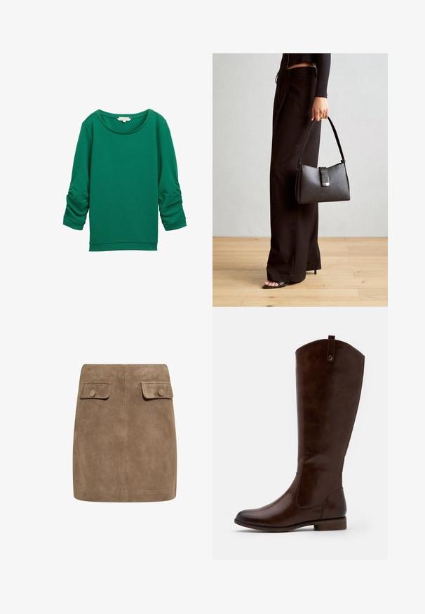Grøn sweatshirts med tekstur, lange, rynkede ærmer, rund halsudskæring og ribbede manchetter. Har en glat, blød stofoverflade.; Brun ruskind mini nederdel med en glat tekstur, der har to frontlommer med flap og knaplukninger på hver side. Enkel, lige design.; Brune knæhøje støvler lavet af glat læder, med rund tå, lav stablet hæl og et subtilt sømme mønster langs siderne.; Sort håndtaske med struktureret form, glat overflade og metalspænde. Sammen med brede sorte bukser og sandaler med åben tå på trægulv.