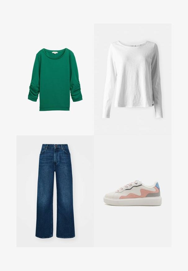 Grüner, strukturierter Pullover mit langen, gerafften Ärmeln, einem runden Halsausschnitt und gerippten Bündchen. Hat eine glatte, weiche Stoffoberfläche.; Langärmliges weißes T-Shirt aus weichem, leichtem Stoff; mit rundem Halsausschnitt und leicht lockerer Passform; Etikett an der Seite sichtbar.; Hochtaillierte, weit geschnittene Jeans in dunkelblauem Denim mit glatter Textur, Kontrastnähten und einem Fünf-Taschen-Design. Verschluss mit einem Frontknopf.; Niedrig geschnittene Sneakers mit einem weißen synthetischen Obermaterial, Akzenten aus rosa und grauem Wildleder, einer strukturierten weißen Gummisohle und bunten Schnürsenkeln.