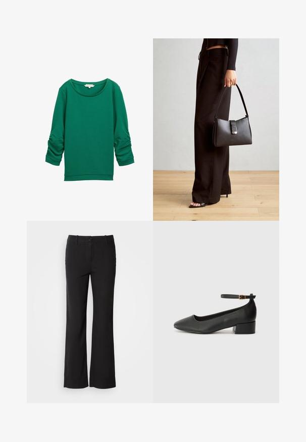 Zelená texturovaná mikina s dlouhými nařasenými rukávy, kulatým výstřihem a žebrovanými manžetami. Disponuje hladkým, jemným povrchem látky.; Černé kalhoty z bavlněné směsi se střihem rovného nohavice, se zapínáním na knoflík vpředu a dvěma bočními kapsami. Hladká textura, žádné viditelné vzory.; Černé kožené lodičky s špičatou špičkou a nízkým blokovým podpatkem. Obsahují pásek kolem kotníku se zlatou sponou. Hladký povrch.; Černá kabelka se strukturovaným tvarem, hladkým povrchem a kovovým uzávěrem. Kombinována s širokými černými kalhotami a sandály s otevřenou špičkou na dřevěné podlaze.