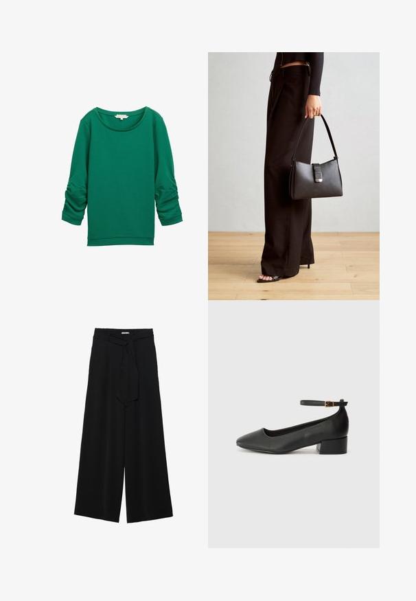 Sudadera verde texturizada con mangas largas fruncidas, un escote redondo y puños acanalados. Presenta un acabado de tela suave y lisa.; Pantalones de pierna ancha negros con un tejido texturizado, una cinturilla elástica y un lazo desmontable en la cintura para un ajuste ajustable.; Zapato de tacón negro de cuero con punta afilada y tacón bajo cuadrado. Presenta una correa para el tobillo con una hebilla en tono dorado. Textura suave.; Bolso negro con forma estructurada, textura suave y un cierre metálico. Combinado con pantalones anchos negros y sandalias de dedo en un suelo de madera.
