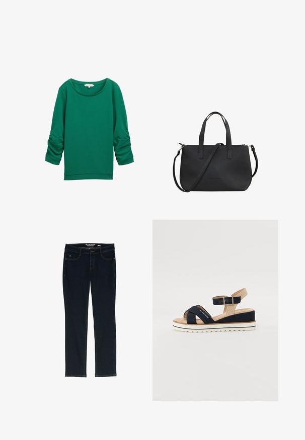 Groene, gestructureerde sweatshirt met lange, gerimpelde mouwen, een ronde halslijn en geribbelde boorden. Kenmerkt zich door een gladde, zachte stofafwerking.; Donkerblauwe rechte jeans van denim. Heeft vijf zakken, contrasterend oranje stiksels en een label op de tailleband met de merknaam.; Marineblauwe sandaal met twee stoffen banden, verstelbare enkelband en gestructureerde beige achterkant. Dikke, witte, gekartelde zool. Merk gedrukt op de band.; Zwarte leren handtas met een gestructureerde afwerking, dubbele handvatten bovenaan en een verstelbare schouderband. Voorzien van een ritsluiting en minimale branding.