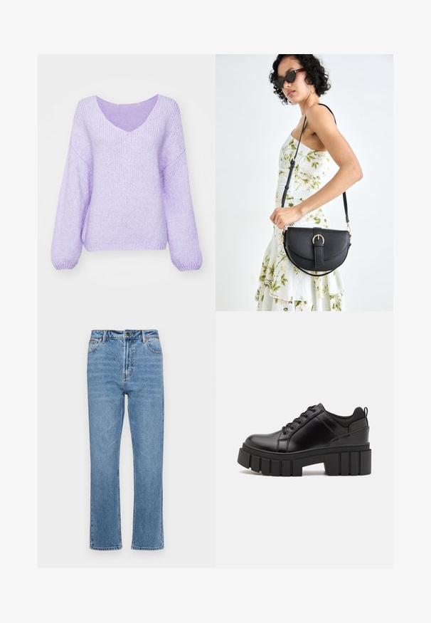 Lila kötött pulóver V-nyakkal, leeresztett vállakkal és hosszú ujjal. Anyaga puha, struktúrált és enyhén lazán illeszkedik.; Világoskék farmernadrág egyenes szárú, öt zsebbel, elülső gombos záródással és finom kifakulással a szöveten.; Fekete bőr platform cipők vaskos blokk sarkakkal, kerek orral és hagyományos fűzős kialakítással. Simára csiszolt felület és minimális részletezés jellemzi.; Fekete bőrtáska ívelt formával, levehető pánttal és arany színű fémrészekkel. A táskán egy csattal díszített fedél található.
