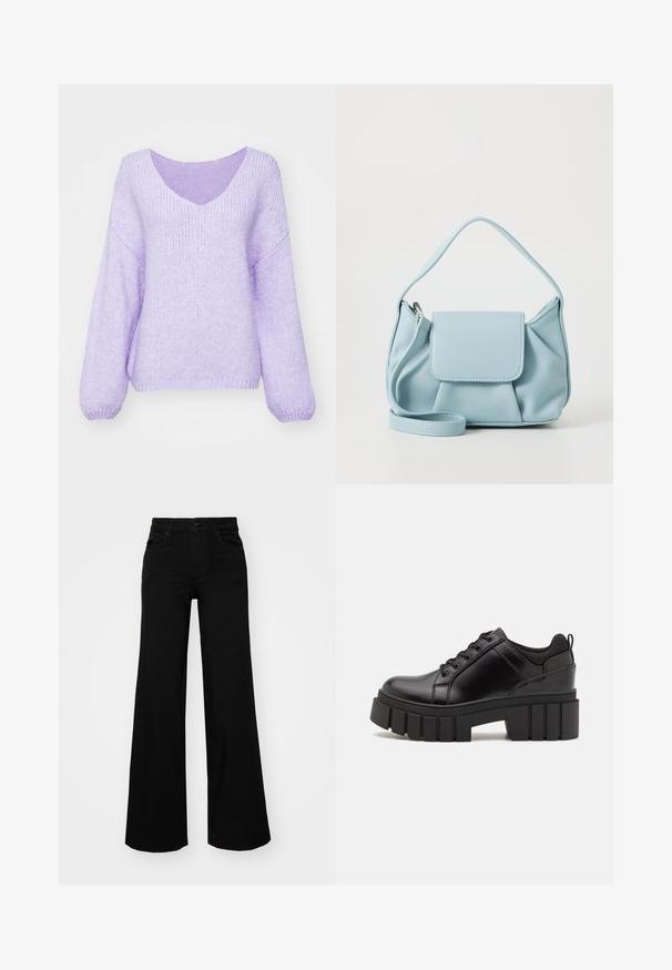 Lila gebreide sweater met een V-hals, verlaagde schouders en lange mouwen. Het materiaal is zacht, gestructureerd en heeft een iets losse pasvorm.; Zwarte wijdvallende broek van denim, met een gestructureerde tailleband, riemlussen en voorzakken. Glad van textuur met een klassiek ontwerp.; Zwarte leren platform schoenen met een stevige blokhak, ronde neus en een traditionele vetersluiting. Kenmerkt zich door een gladde textuur en minimale details.; Lichtblauwe leren handtas met een bovenhandvat, een voorklepzak en een afneembare polsband op een witte achtergrond.