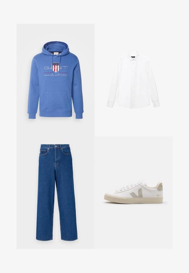 GANT ARCHIVE SHIELD - Mikina s kapucí - rich blue; Bílé dlouhé rukávy košile s límečkem na knoflíčky, předními knoflíky, rovním spodním lemem a měkkou bavlněnou tkaninou. Minimalistický design bez vzorů.; Široké modré džíny z denimu s vysokým pasem, pěticípým designem a kontrastním prošíváním podél švů a kapes.; Bílé kožené tenisky s béžovými akcenty, plochou gumovou podrážkou, kulatou špičkou a kontrastním logem na boku a vzadu. Šněrovací design.