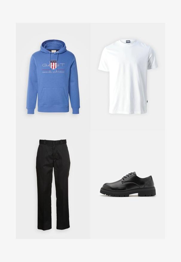 GANT ARCHIVE SHIELD - Hoodie - rich blue; White cotton crewneck T-shirt with short sleeves, featuring a subtle embossed "Joop!" logo on the chest and a straight hem.; Black trousers made from a smooth fabric, featuring a straight leg design, belt loops, and two side pockets. Classic look without embellishments.; Black leather shoes with a rounded toe, lace-up design, and a thick, textured rubber sole. Features stitching along the edge and a smooth finish.