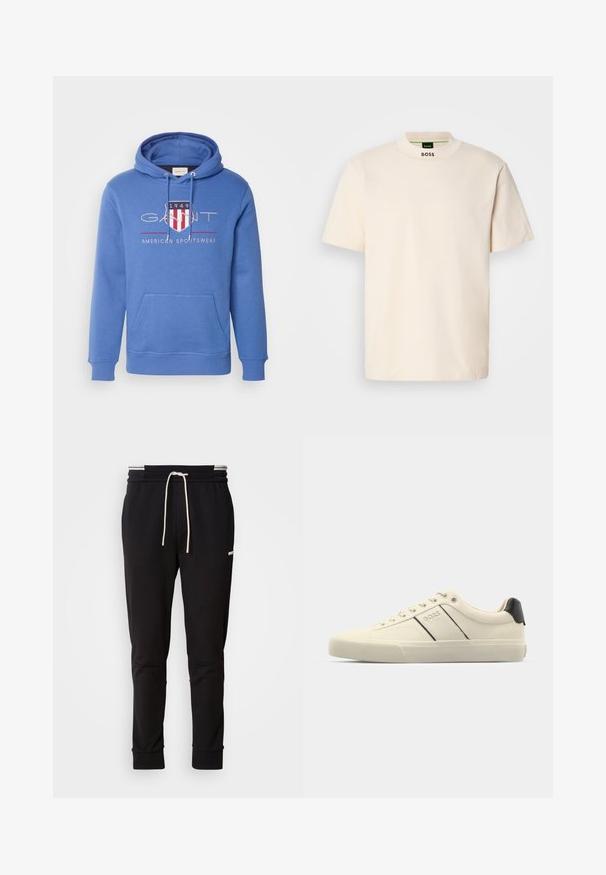 GANT ARCHIVE SHIELD - Hoodie - rich blue; Cream-colored short-sleeve T-shirt with a high collar, featuring "BOSS" printed in black on the front neck and inside label.; Black slim-fit jogger pants with white drawstring, ribbed cuffs, and subtle logo on the upper thigh against a plain background.; Cream-colored sneakers with a smooth texture, featuring black accents and branding. Classic lace-up design with a round toe and rubber sole.