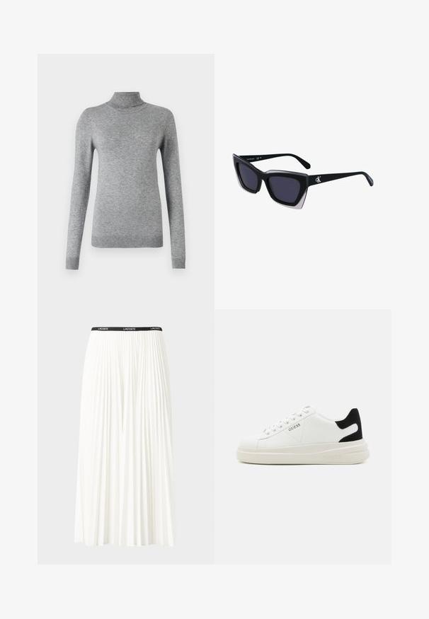 Grå turtleneck genser laget av mykt materiale, med lange ermer, ribbede mansjetter og en tettsittende design med en jevn tekstur.; Plissert hvit skjørt med en svart elastisk midje som har "LACOSTE"-logoen. Midjelengde design med myk tekstur.; Hvite lær sneakers med tykk hvit såle, svart semsket hælforsterkning og preget logo på siden. Snøresystem med seks hull.; Store svarte solbriller i overdimensjonert størrelse med geometrisk form, med mørke linser og en kontrasterende grå detalj på rammen. Logo på armen.