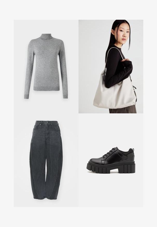 Grauer Rollkragenpullover aus weichem Material, mit langen Ärmeln, gerippten Bündchen und einer figurnahen Passform mit glatter Textur.; Lockere schwarze Denim-Jeans mit einem verblassten Finish, fünf Taschen, einem Knopfverschluss an der Taille und gestickten Details an der Vorderseite und den Seiten.; Schwarze Lederplateauschuhe mit klobigem Blockabsatz, runder Zehenpartie und traditionellem Schnürdesign. Verfügt über eine glatte Textur und minimale Details.; Beige Handtasche aus weichem Material, mit einem lässigen Design, gesteppten Details und zwei Schulterriemen. Geeignet für den täglichen Gebrauch.