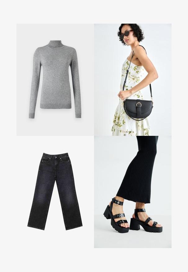 Sivi pulover s visokim ovratnikom, napravljen od mekog materijala, s dugim rukavima, rebrastim manžetama i uskim dizajnom s glatkom teksturom.; Crne traperice visokog struka s širokim nogavicama, dizajn s pet džepova i vidljivim šavovima. Tkanina ima glatku, blago teksturiranu završnu obradu.; Crne platforme sandale s debelim, nazubljenim potplatima i višestrukim trakama, s metalnim kopčama i glatkom teksturom koja podsjeća na kožu.; Crna kožna torba s lukovitim oblikom, odvojivim remenom i zlatnim detaljima. Torba ima preklop s kopčom.