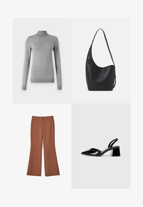 Grijze coltrui gemaakt van zacht materiaal, voorzien van lange mouwen, ribbels aan de manchetten en een slim-fit ontwerp met een gladde textuur.; Bruine, uitlopende broeken van zacht materiaal. Bevat twee voorknopen en heeft een gladde structuur zonder zichtbare patronen of accenten.; Zwarte gepatineerde leren slingback hakken met een spitse neus en een geometrische blokhak. Kenmerkt zich door een slank, minimalistisch ontwerp en een gladde textuur.; Zwarte leren hobo tas met een gladde textuur, kromme vorm en een enkele verstelbare schouderband; heeft een brede opening aan de bovenkant.