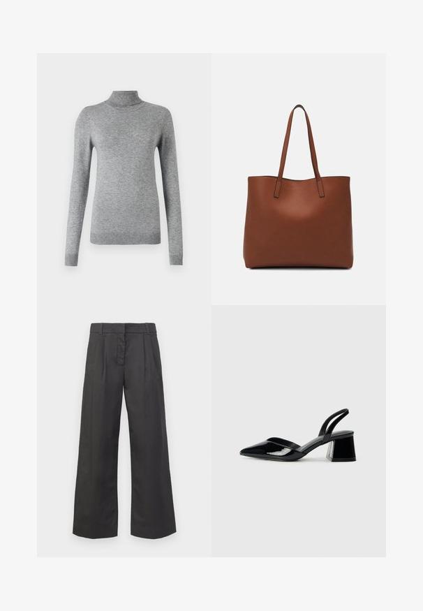 Pilkas golfas pagamintas iš minkštos medžiagos, su ilgomis rankovėmis, gumbuotais manžetais ir prigludusia forma, su lygiu paviršiumi.; Juodi placūs kelnių modeliai, pasižymintys aukštu juosmeniu, priekinių raukšlių ir subtiliomis kišenėmis. Lygus audinys su švariu apdirbimu.; Juodos lakuotos odinės šlepetės su smailiu pirštu ir geometriniu bloko kulnu. Turi elegantišką, minimalistinį dizainą ir lygų paviršių.; Ruda odinė priekabų krepšys su glotnia tekstūra, atviru viršumi ir dviem petnešomis. Su minimalia siuvimo detalėmis ir nematoma aparatūra.