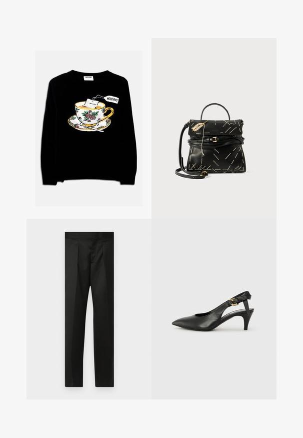 Čierny sveter s vyšitým šálkou čaju, ktorá obsahuje čajový vrecúško a kvetinovú dekoráciu. Dizajn zahŕňa aj tanierik pod šálkou.; Čierne nohavice s hladkým materiálom, strihom na mieru, rovnými nohavicami a plochým pásom bez viditeľných zapínaní alebo vreciek.; Čierne kožené slingback lodičky s špicatou špičkou, malým opätkom a prackou na členkovom remienku. Hladká textura, minimalistický dizajn.; Čierna kožená kabelka s geometrickým bielym prešívaním, horným uchom a odnímateľným ramenným popruhom. Obsahuje zlaté akcenty a zipsové uzatváranie.
