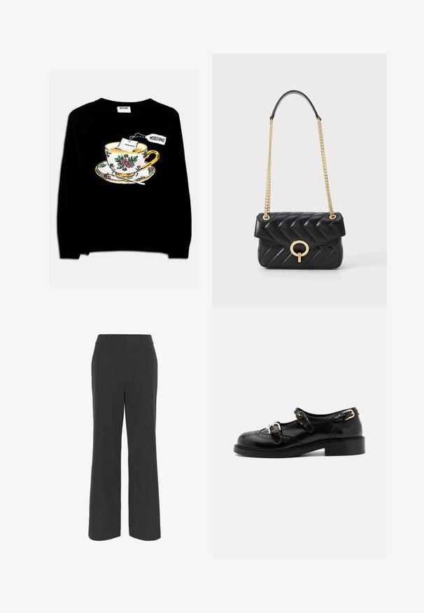 Maglione nero con una tazza da tè ricamata, con una bustina di tè e decorazioni floreali. Il design include un piattino sotto la tazza.; Pantaloni a gamba larga grigio scuro realizzati in tessuto testurizzato, con un fronte piatto, passanti per la cintura e orlo pulito, adatti per un abbigliamento formale o casual.; Scarpe in pelle nera con dettagli brogue, dotate di due cinturini con fibbia, punta arrotondata e tacco basso. Texture liscia con finitura lucida.; Borsa a tracolla in pelle nera trapuntata con una catena dorata, dotata di una chiusura a patta con un fermo in metallo dorato di forma rotonda. Forma rettangolare compatta.