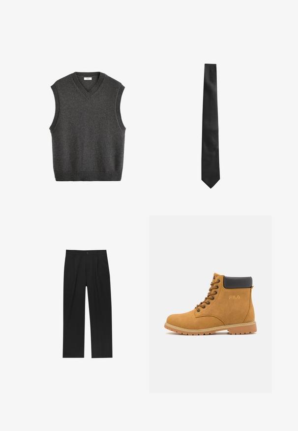 Next V-NECK REGULAR FIT - Maglione - grey; Camicia bianca a maniche lunghe con bottoni, realizzata in un tessuto liscio. Caratterizzata da un colletto classico, bottoni frontali e polsini con un bottone. Design slim fit.; Pantaloni neri con un design a gamba dritta, realizzati in un tessuto liscio. Presentano pieghe frontali e una chiusura a un bottone in vita.; Stivaletti alla caviglia in camoscio beige con colletto imbottito nero, occhielli in metallo e suola in gomma testurizzata. Presenta un logo impresso sul lato.; Cravatta nera con una finitura testurizzata, forma stretta e punta appuntita. Il tessuto appare liscio con un motivo sottile.