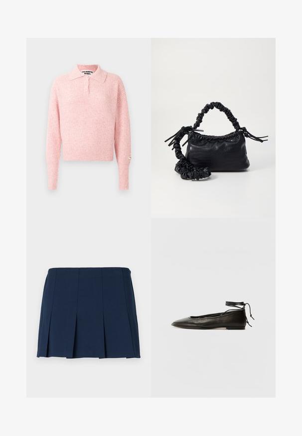 Rózsaszín, bordázott pulóver galléros nyakkal és három gombos felső záródással. Hosszú ujjak és rövidített fazon. Címke a ruhaujjra varrva.; Sötétkék, plisszírozott mini szoknya egyenes derékkal, sima anyagból készült. A plisszírozások mentén függőleges varrások találhatóak.; Fekete bőr balettcipők hegyes orral, bokakötővel és lapos talppal, sima textúrával és minimalista dizájnnal.; Fekete műbőr kézi táska krokodil bőr textúrával, összehúzható tetejű és gyűrt pánttal. Lágy és kompakt dizájnúnak tűnik.