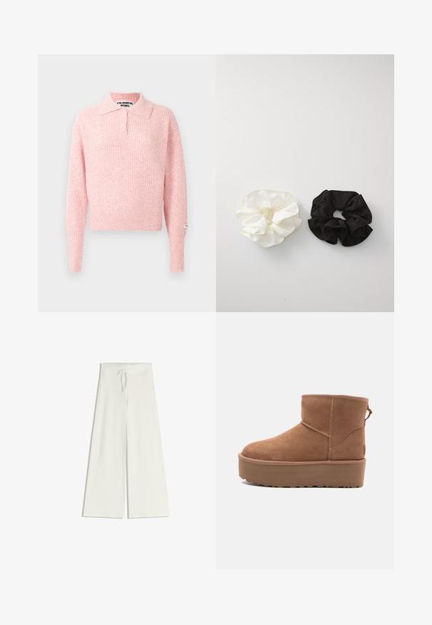 Pulover roz, cu dungi, cu guler și clapetă cu trei nasturi. Mâneci lungi și croială scurtă. Etichetă brodată pe mânecă.; Pantaloni albi cu picioare largi dintr-un material tricotat moale, având un elastic în talie cu șnur pentru ajustare. Textură netedă, fără modele.; Botine din suede de culoare bej, cu talpă platformă, vârf rotund și detalii de cusătură; dispune de un mânere la spate pentru a fi ușor de încălțat.; Două elastice din satin, unul alb și unul negru, cu un design volan și textură netedă, expuse pe un fundal alb simplu.