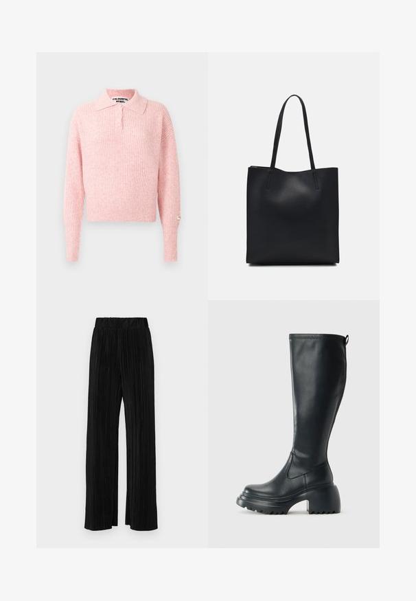 Roosa, ribidega sviiter, millel on krae ja kolme nupuga nöör. Pikkade varrukatega ja lühendatud lõikega. Silt on õmmeldud varruka peale.; Mustad pleekitud püksid elastse vöökohtaga. Omavad laiad jalad ja sujuvat, tekstureeritud kangast vertikaalsete triipudega.; Kõrge must nahksaapad, millel on massiivne platvormi tald ja blokk-kand, varustatud tõmbenööriga ja tekstuuriga väljatõmbejääk.; Mustast nahast kott sujuva tekstuuriga, ristkülikukujuline ja kahe pika sangaga. Pole nähtavat riistvara ega kaunistusi.