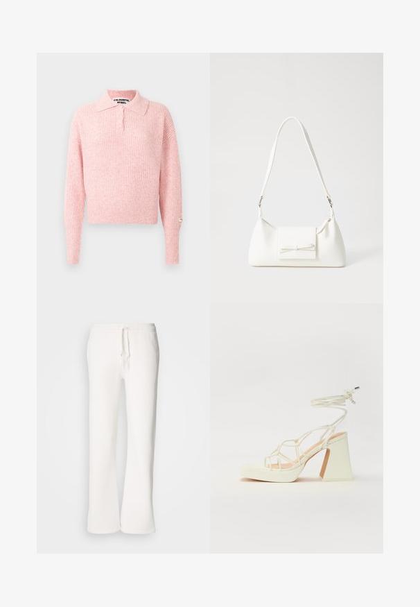 Pink, ribbed sweater with a collared neck and three button placket. Long sleeves and a cropped fit. Label stitched on the sleeve.; White, relaxed-fit sweatpants made of soft fabric, featuring an elastic waistband with a drawstring and straight-leg design.; White high-heeled sandal with a chunky heel, featuring a strappy design and ankle tie. Smooth texture with a platform front for added height.; White synthetic handbag with a triangular shape, flat front flap and bow detail, adjustable strap, smooth texture, and minimalistic design.