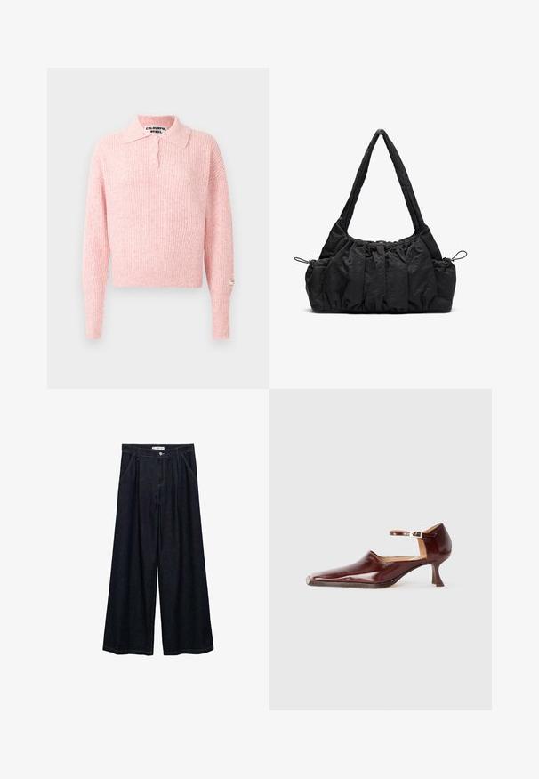 Rosa, gerippter Pullover mit Kragen und drei Knopfverschluss. Lange Ärmel und verkürzte Passform. Etikett auf dem Ärmel genäht.; Dunkelblaue, weite High-Waist-Hosen aus Denim mit einem Knopfverschluss vorne, zwei Seitentaschen und Nähdetails.; Burgunderfarbenes Lackleder-Schuhwerk mit einer spitzen Zehe, Knöchelriemen und einem 5 cm hohen, konisch zulaufenden Absatz. Glatte Textur und minimalistisches Design.; Schwarze Stoffhandtasche mit geraffter Textur, zwei Schulterträgern und Kordelzugverschluss an den Seiten. Glattes, leichtes Material.
