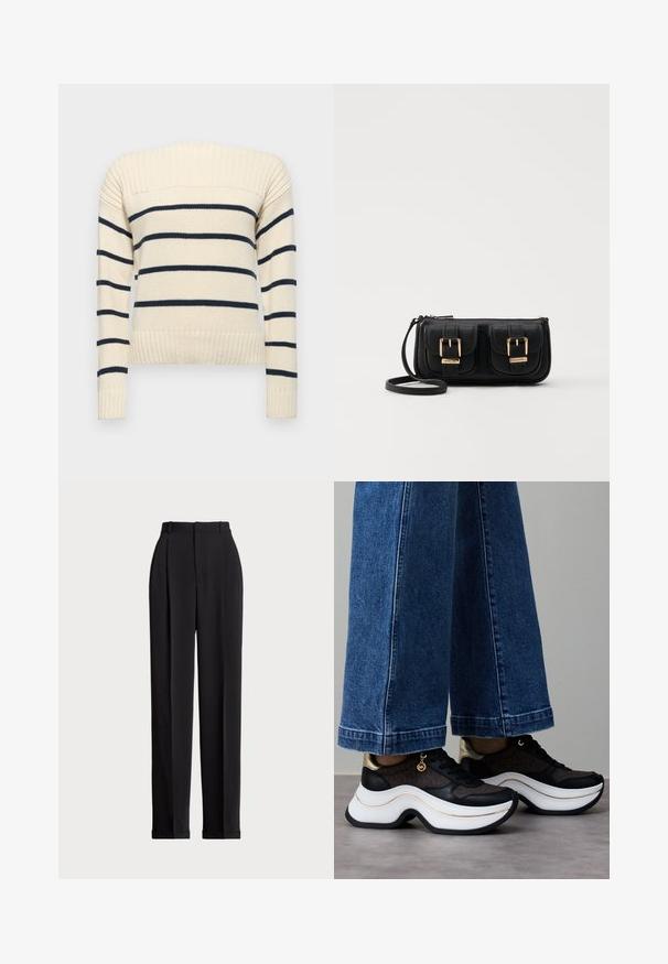 Weekend Max Mara AUSONIA - Jumper - blu; Black tailored trousers with a high waist, featuring pleats at the front, a straight leg design, and a cuffed hem. Made from smooth fabric.; Black and gold sneakers with a curved white sole. Textured fabric with logo accents. Paired with wide blue denim pants.; Black leather crossbody bag with two front pockets, gold buckles, zipper closure, and a slim strap. Textured surface and compact rectangular shape.