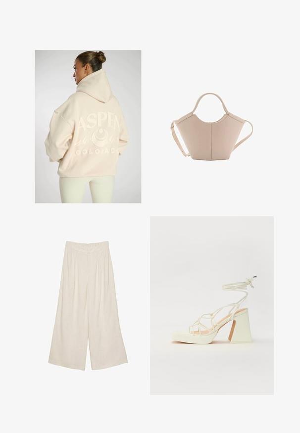 Przesadnie dużych, jasnobeżowy hoodie z teksturowanym graficznym napisem "ASPEN COLORADO", z motywami górskimi i kapturem ze sznurkiem.; Lnianowe spodnie o szerokich nogawkach w jasnym beżowym kolorze z plisowanym wzorem i elastycznym pasem dla komfortu i swobody noszenia.; Biała sandał na wysokim obcasie z masywnym słupkiem, z paskowym wzorem i wiązaniem przy kostce. Gładka faktura z platformą z przodu dla dodatkowej wysokości.; Beżowa skórzana torebka o unikalnym kształcie, z dwoma krótkimi uchwytami i długim, regulowanym paskiem. Gładka tekstura z minimalną ilością elementów metalowych.