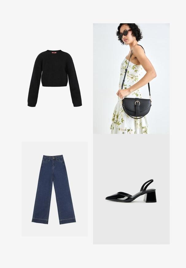 Mustad musta lühikese lõikega sviiter, mis on valmistatud tekstuursetest kangast. Omab pikki varrukaid ja ümarat kaelust. Minimalistlik disain, ilma nähtavate musterite või aktsentideta.; Laiad püksid tumedast sinisest denimist. Omab viit taskut, vöölõke ja toore äärega allosas, kus on nähtavad õmblused.; Mustad musta lakknahk kingad, millel on terav varvas ja geomeetriline plokkkonts. Omab elegantselt minimalistlikku disaini ja sujuvat tekstuuri.; Mustmust mustraha kõverate joontega, eemaldatava rihmaga ja kuldsete detailidega. Kotil on klapp, millel on pandladetail.