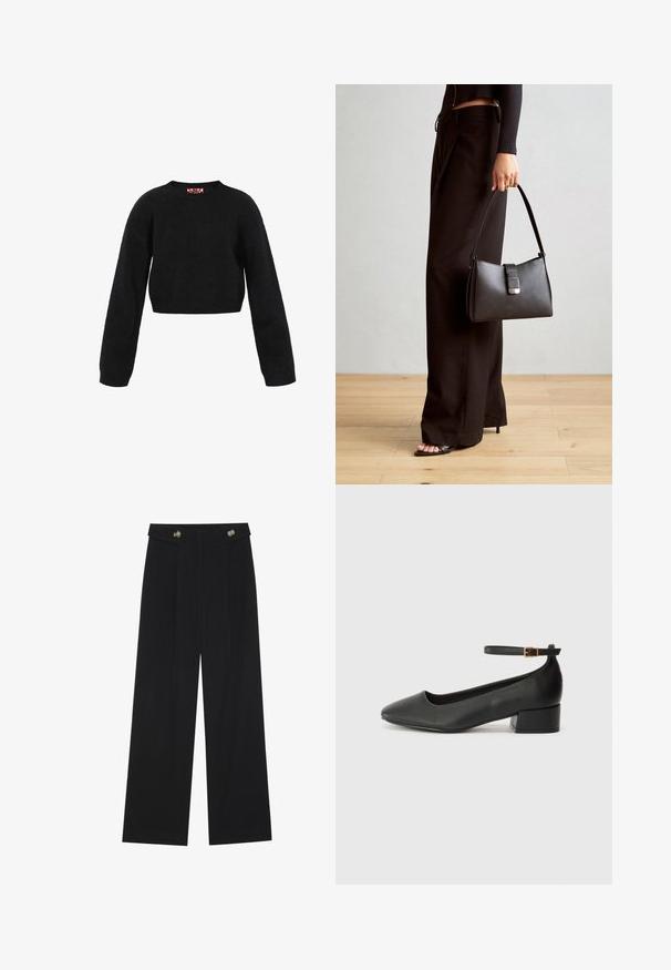 Pulover negru scurt, realizat dintr-un material texturat. Are mâneci lungi și un guler rotund. Design minimalist, fără modele sau accente vizibile.; Pantaloni negri cu picioare largi, talie înaltă, detalii cu butoane pe talie și pliseuri în față.; Pantof cu toc negru din piele, cu vârf ascuțit și toc mic pătrat. Dispune de o curea la gleznă cu o cataramă în tonuri de aur. Textură netedă.; Genți negre cu o formă structurată, textură netedă și un închizător metalic. Asortată cu pantaloni negri largi și sandale cu vârf deschis pe un podea din lemn.