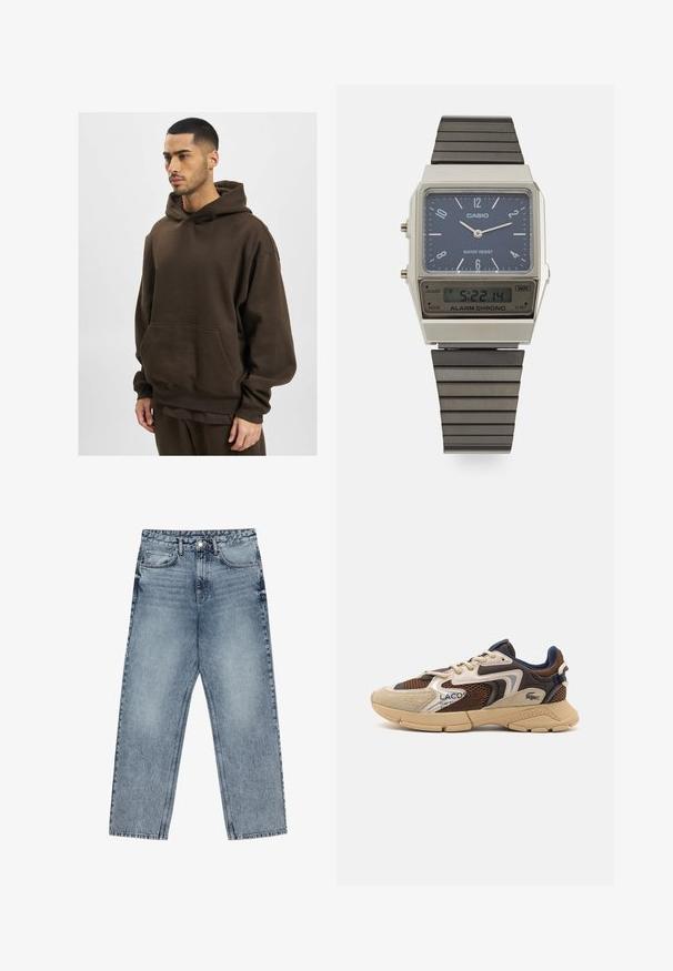 Brūna kapuce džemperis, kas izgatavots no mīkstas auduma, ar lielu priekšējo kabatu, ribotām piedurknēm un brīvu piegriezumu. Vienkāršs dizains, bez redzamām rakstu un modeļiem.; Sarkans korduroja krekls ar pogu uz leju, garām piedurknēm, priekšējo kabatu un zeltainām pogām. Strukturēta auduma.; Gai zilu džinsu bikses ar taisnu kāju griezumu, redzamām šuvēm, piecu kabatu dizainu un pogu aizdari jostasvietā.; Beige un brūni sneakeri ar teksturētām režģu paneļiem, zamšādas akcentiem un gumijas zoli. Iezīmes auklu dizains un zīmola detaļas.; Casio digitālā pulksteņi ar zilu ciparnīcu, sudraba korpusu un slāņainu melnu gumijas siksniņu. Parāda laiku un trauksmes iestatījumus. Ūdensizturīgs.