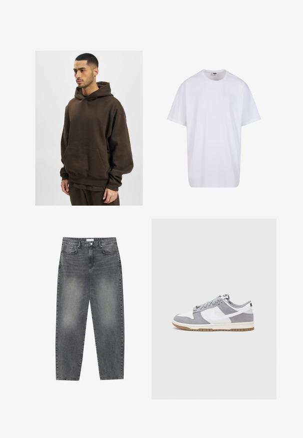 Pruun kapuutsiga särk, mis on valmistatud pehmest kangast, omab suurt esikotti, soonikuid mansetides ja laia lõiget. Lihtne disain, mingeid nähtavaid mustreid pole.; Valge puuvillane t-särk lühikeste varrukatega, ümmarguse kaelusega, lõdva lõikega ja ilma nähtavate logodeta või mustriteta. Sile tekstuur ja minimaalne disain.; Kõrgema vöökohtadega, lõdva lõikega teksad, mis on valmistatud tuhmist mustast denimist. Selles on viis taskut, traksid ja puhas, sirge säärelõige.; Halli ja valge tennis鞋, millel on nubuk- ja nahkdetailid, ümar varvas, lamedad nöörid ning kummist tald, millel on kola aktsent.