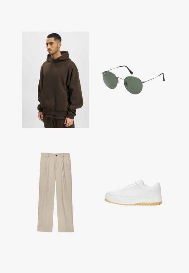 Brown hooded sweatshirt made of soft fabric, featuring a large front pocket, ribbed cuffs, and loose fit. Simple design, no visible patterns.; White polo shirt made of cotton, featuring a classic collar, short sleeves, and a small navy logo on the left chest. Two-button placket.; Beige trousers with a straight cut, featuring a single black button, belt loops, and side pockets. Smooth fabric texture and minimal design.; White leather sneaker with a textured finish, featuring a rubber sole, lace-up design, and subtle stripe accents on the sides.; Metal-framed sunglasses with oval green lenses. Thin silver metal frame and black ear tips. Minimalist design, no visible logos.