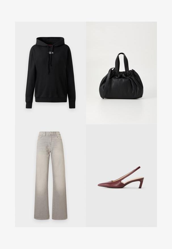 Svart hettegenser laget av mykt stoff. Har en frontlomme i kenguru-stil, justerbar hette med snøring, og en sølvfarget logo på brystet.; Grå vide ben jeans med en falmet finish, knaplukning, fem-lomme design og stikninger langs sømmen.; Burgunder slingback hæle med spids tå, udskårne detaljer på siden og en midt-højde blokhæle. Glat læderfinish.; Svart lærveske med en samlet toppdesign, som har to korte håndtak og en lang justerbar stropp. Glatt tekstur, rund form.