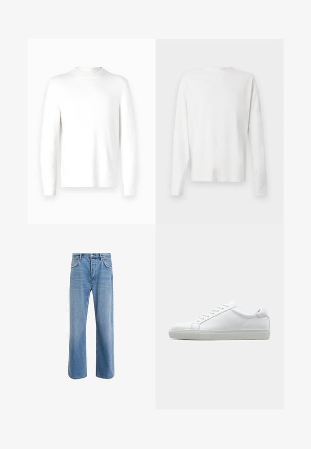 Weiße, langärmelige Pullover mit strukturiertem Stoff und Rundhalsausschnitt. Das Design ist minimalistisch, ohne sichtbare Muster oder Akzente.; Langärmliges weißes Baumwollhemd mit rundem Ausschnitt, seitlichen Schlitzen am unteren Rand und glatter Textur, von hinten präsentiert.; Helle blaue Jeans im Geradeschnitt-Design, mit fünf Taschen, Knopfverschluss, minimaler Ausbleichung und kontrastierenden Nähdetails.; Weißer Sneaker mit glattem Lederobermaterial und niedrigem Profil. Verfügt über eine runde Zehenpartie, sechs Ösen und eine strukturierte Gummisohle.