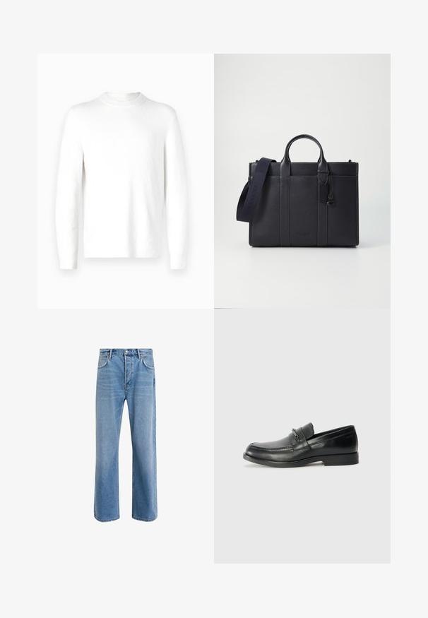 Valkoinen, pitkähihaiseinen neule, jossa on teksturoitu kangas ja pyöreä kaula-aukko. Suunnittelu on minimalistinen ilman näkyviä kuvioita tai koristeluja.; Vaaleansiniset farkut suoranlahkeisella muotoilulla, viisi taskua, nappisuljenta, vähäinen kuluminen ja kontrastiväriset ompeluyksityiskohdat.; Musta nahkasaappaat pyöreällä varvalla, joissa on ommeltu muotoilu, pieni etuhihna varustettuna metallidetaljeilla sekä litteä kumipohja.; Tummansininen nahkainen salkku, jossa on kaksinkertaiset yläkahvat ja irrotettava hihna. Varustettu tekstuuripinnalla, pystysuoralla ompeleella ja logotiedoilla.