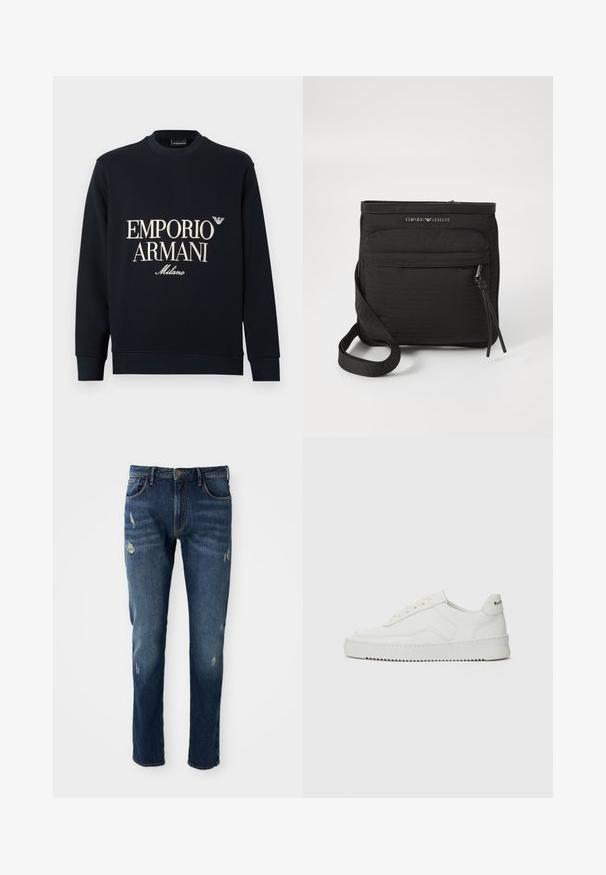 Sweatshirt azul-marinho de mangas compridas, com gola redonda e textura de tecido suave. Apresenta o logótipo branco "EMPORIO ARMANI" e "Milano" na frente.; Jeans de ganga azul escuro com corte slim, ligeira abrasão nas coxas e joelhos, design clássico de cinco bolsos e fecho com botão.; Sapatilha de couro branco com acabamento suave, bico redondo, atacadores planos e uma sola texturizada. Apresenta um logotipo discreto no calcanhar.; Mala transversal preta da Emporio Armani com bolso frontal com fecho, alça ajustável e detalhe do logótipo em tecido texturizado.