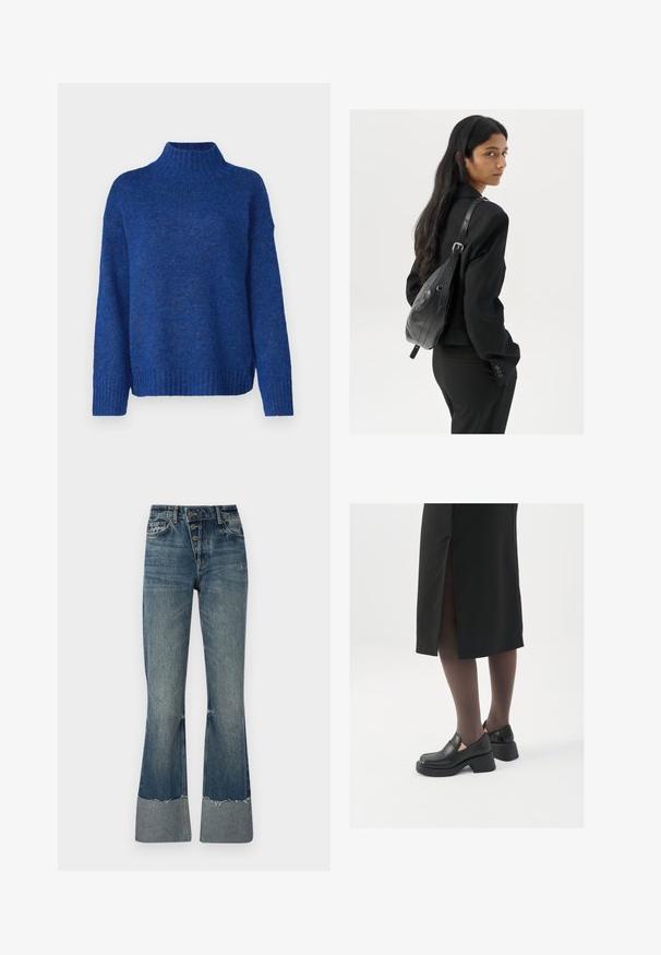 Vero Moda VMMADDIE niebieski; Dżinsy typu dzwony w średnim niebieskim kolorze, z wysokim stanem, pięcioma guzikami i postrzępionym dołem. Posiadają jaśniejsze mankiety na dole i wyblakłą fakturę.; Czarne skórzane buty z okrągłym noskiem, grubym blokowym obcasem i elastycznymi akcentami po bokach, zestawione z ciemnymi rajstopami i czarną spódnicą z rozcięciem.; Kobieta z długimi ciemnymi włosami, ubrana w czarny garnitur, trzymająca czarną skórzaną torbę na ramię, spoglądająca przez ramię na białym tle.; Srebrne kolczyki w kształcie obręczy z skręconym wzorem, z polerowanym wykończeniem i zapięciem na sztyft. Mają średnicę około 3 cm.