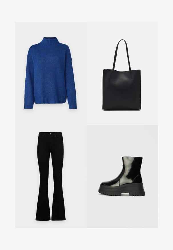 Vero Moda VMMADDIE HIGHNECK PULLOVER - Pulóver - surf the web; Fekete, magas derekú farmernadrág gomb- és cipzárzárral, elülső zsebekkel és harangszárral, laposan egy fehér háttérre terítve.; Fekete fényes boka csizma vastag bordázott talppal és kerek orral, oldalnézet világos szürke háttér előtt.; Fekete bőrtáska sima felszínnel, téglalap alakú, két hosszú füllel. Nincs látható fémkiegészítő vagy díszítés.