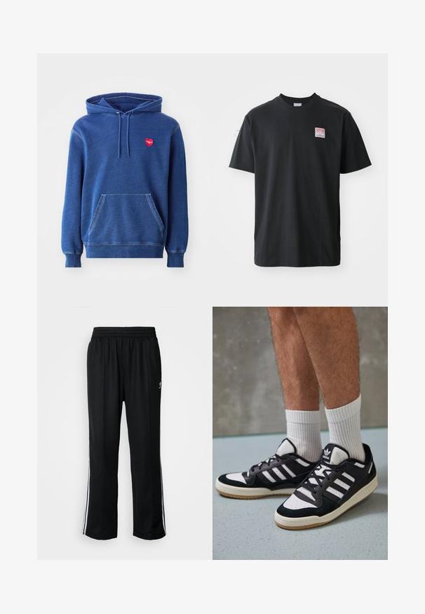 Mėlyna džemperis su minkšta medžiaga, priekinė kišenė, su raišteliu reguliuojama kapucha ir mažas raudonas širdelės formos logotipas ant krūtinės.; Juodas medvilnės marškinėliai su apvaliu kaklu, trumpomis rankovėmis ir mažyte spalvota etikete kairėje krūtinės pusėje, ant kurios užrašyta "SUPERIOR."; Juodi sportiniai keliai su elastingu juosmeniu, su baltais šonais ir mažu logotipu. Atrodo, kad medžiaga yra minkšta ir lengva.; Juodos ir baltos sportinės bateliai su zomšiniu ir odiniu viršumi, su trimis baltomis juostelėmis, perforuota koja ir guminėmis padais.