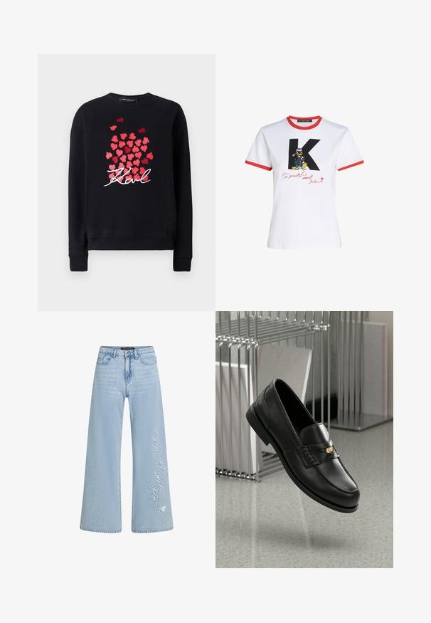 Melna džemperis ar garām piedurknēm, uz kura priekšpuses ir sarkano sirds formu pūlis un vārds "Karl" baltā slīprakstā.; Balta kokvilnas t-kreklu ar sarkanu apkakli un piedurknēm. Satur melnu 'K' un Disneja varoņa Dāvida pīles grafiku ar parakstu sarkānā krāsā.; Gaiši zili plats kāju džinsi no denima ar izšūtu "Donald un Džesika" tekstu kreisajā kājā. Iespējo klasisko piecu kabatu dizainu un jostas cilpas.; Melnas ādas loafer kurpes ar gludu apdari, kurām ir dekoratīvs bands un neliela zelta akcenta detaļa. Zole ir plakana ar noapaļotu pirkstu.