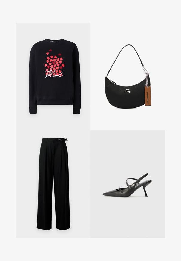 Svart sweatshirt med långa ärmar, prydd med en klunga av röda hjärtan och ordet "Karl" i vit kursiv text på framsidan.; Svarta byxor med vida ben och hög midja, med veck framtill och ett bälte med spänne. Tillverkade av ett mjukt, lätt tyg.; Svarta läderklackar med slingback, spetsig tå, smal klack och dekorativ spänndetalj på ovansidan. Slät struktur och stilren design.; Svart läderhandväska med en pebblad textur, böjd form, dragkedjestängning upptill, silverfärgad hårdvara och en brun etikett. Har en logotypdetalj.